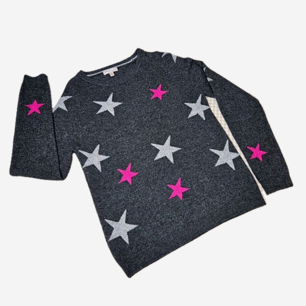 Philosophy Cashmere Charcoal Gray Bold Pink Playful Star Motif Knit Sweater
